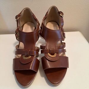 Women’s High Heels Roman Gladiator Peep Toe Gold Buckle Shoes Cork Heel Brown